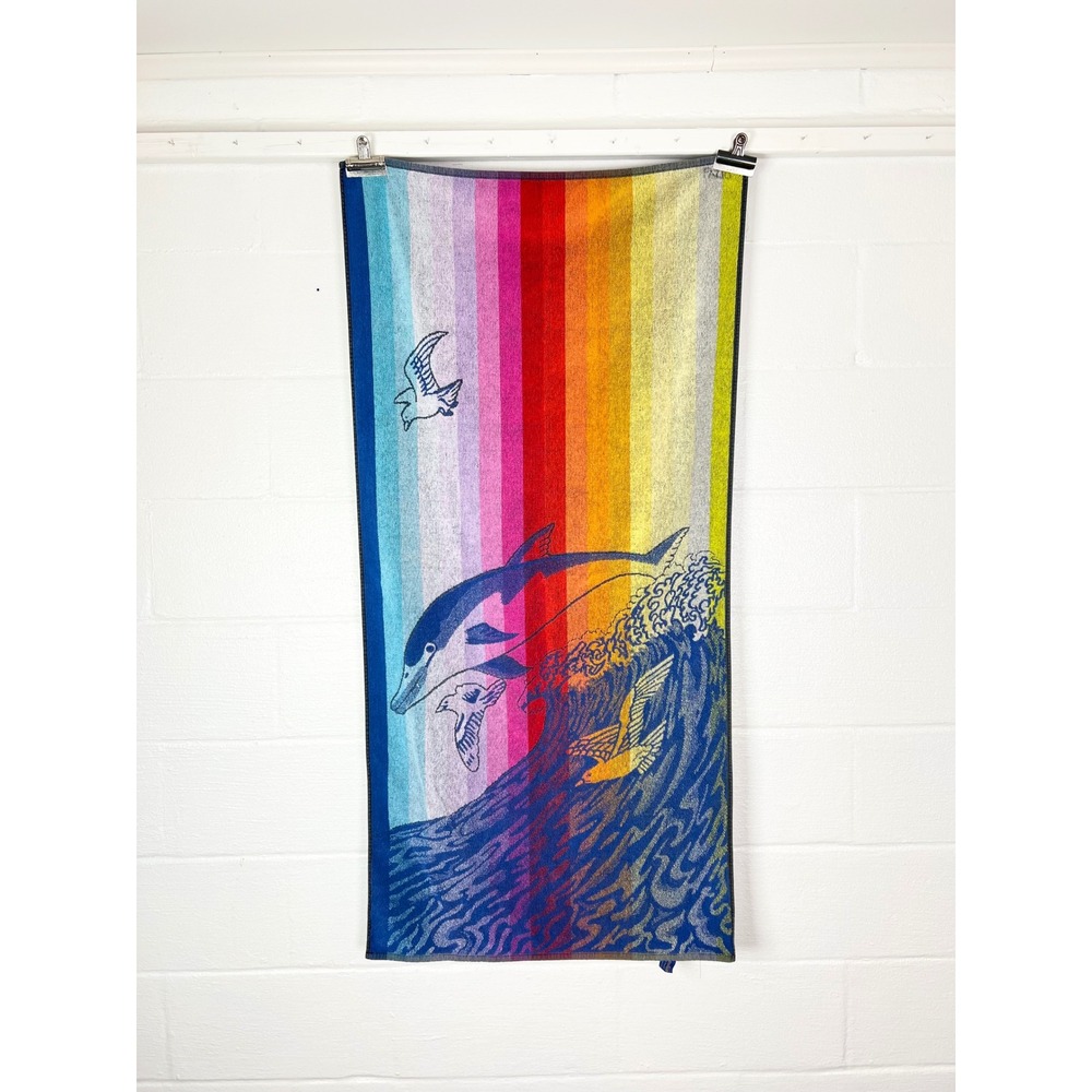 Vintage Brasilia Rainbow Dolphin Beach Towel Cotton Made in Brazil Ocean Waves